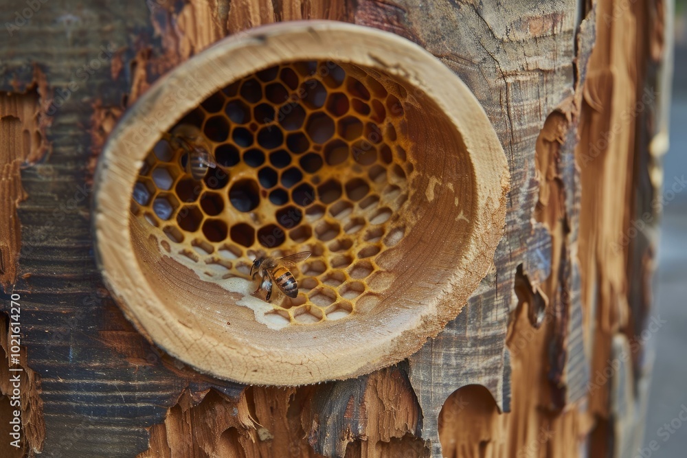 Poster honey bees working on a honeycomb inside a log beehive made from a tree trunk