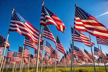 Vibrant Display of United States Flags Waving Against a Clear Blue Sky on a Sunny Day Outdoors