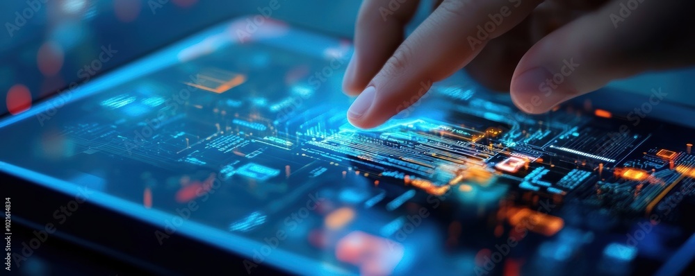 Poster person using an interactive digital tablet with futuristic interface. technology and innovation conc