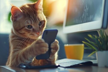 A cat sits in an office and stares at a smartphone screen