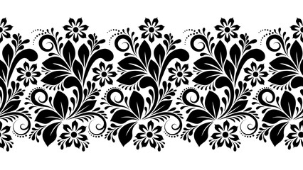 Floral border seamless, Vintage ornament with elements of black silhouette of flowers, swirls, leaves, dots, Floral design element