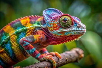 Vibrant Flapped Neck Chameleon Displaying its Colorful Skin in a Natural Habitat Environment