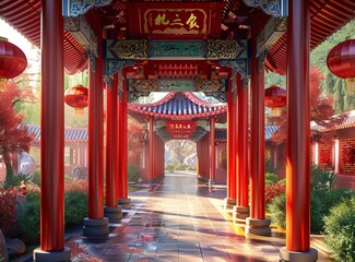 Fototapeta premium Red Chinese Pagoda Architecture Illustration