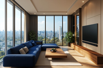 Modern living room with a couch, coffee table, and large windows.