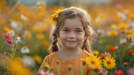 Fototapeta premium A little girl wearing a colorful t-shirt playing in a flower garden, photorealistic Kids Tshirt Mockup