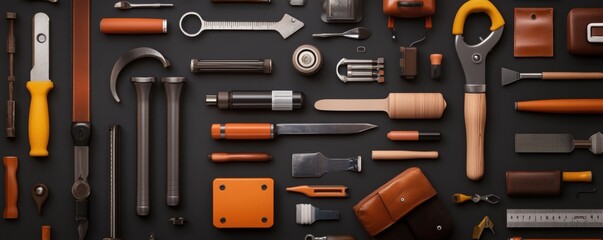 Assortment of various tools laid out on a dark background.