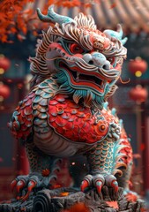 Fototapeta premium Chinese Guardian Lion Statue Illustration