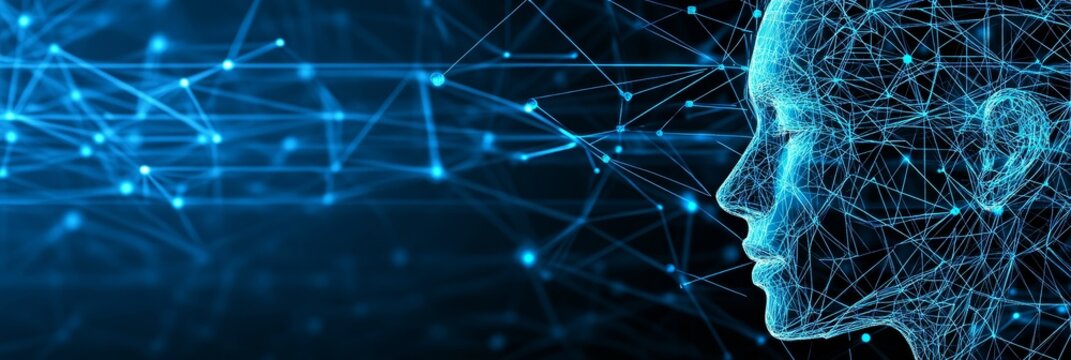 Abstract Wireframe 3D Head With Futuristic Network Connection on Blue Background, AI Concept
