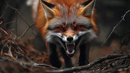 A fox is shown with its mouth open and teeth bared, looking angry and ready to attack