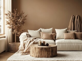 Chocolate walls, beige furnishings, and natural wood elements in a minimalist winter living room, offering a rich, cozy winter vibe