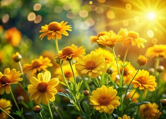 Vibrant Golden Shrub Daisy Blooms in a Lush Garden Setting with Bright Sunlight and Green Foliage