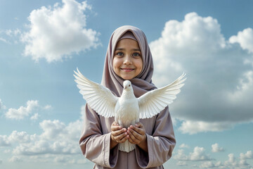 Muslim girl with a white dove of peace in her hands against the background of a cloudy blue sky.