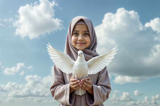 Muslim girl with a white dove of peace in her hands against the background of a cloudy blue sky.