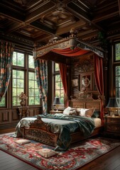 Antique Wooden Canopy Bed in a Luxurious Bedroom