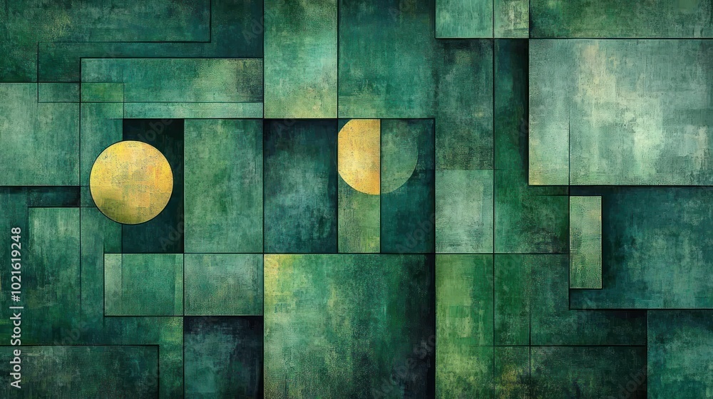 Poster abstract geometric pattern with green and yellow shapes in a textured style.