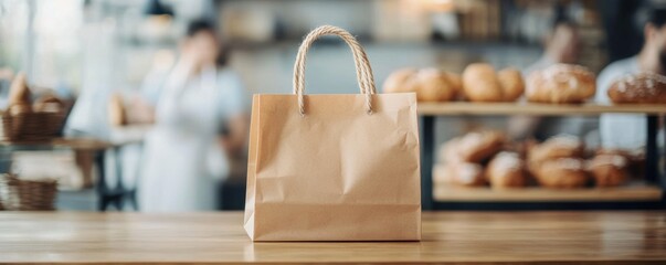 Brown paper bag on wooden counter in bakery with blurred background.