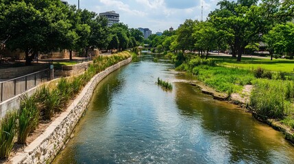 A scenic view of a river flowing through a park in a city with tall buildings in the distance. The river is surrounded by green trees, grass, and a stone wall.