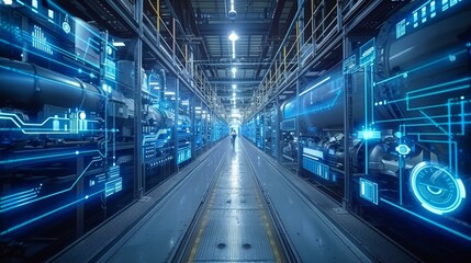 Fototapeta premium futuristic industrial interior with blue glowing lights and machinery