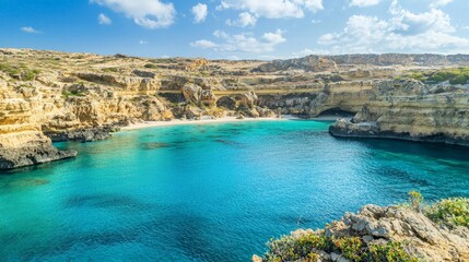 A secluded cove with crystal clear turquoise water surrounded by rocky cliffs and a sandy beach.