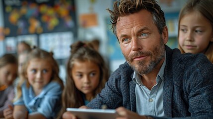 A German language teacher using a digital tablet to show an interactive language lesson to a small group of students
