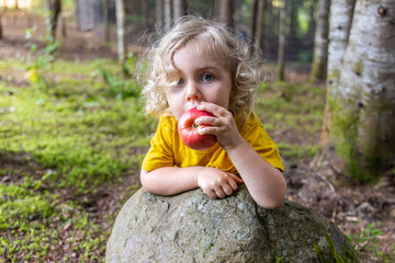 Blond boy with a yellow t shirt eating a red apple leaning on a rock in a forest during a sunny summer day. Selective focus