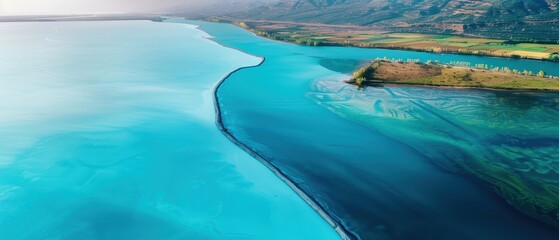 Aerial View of Salt Flats with Blue Waters and Landform