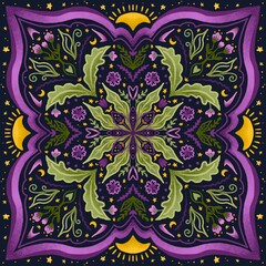 Botanical magic mandala with flowers and sun on dark background, element for pattern