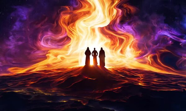 Shadrach, Meshach, and Abednego in the fiery furnace, depicted within a swirling nebula, highlighting their faith amidst trials, with copy space
