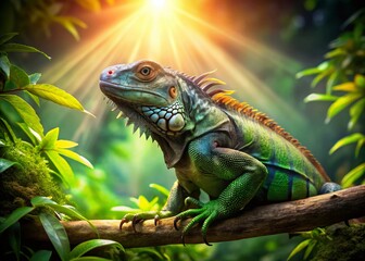 Obraz premium Vibrant Iguana Perched on a Branch in Lush Green Environment with Sunlight Filtering Through Leaves