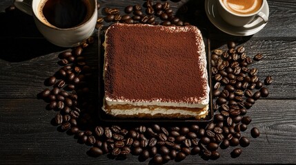 A square piece of tiramisu dessert on a black plate with a cup of coffee and coffee beans on a rustic wooden table.