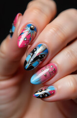 Fototapeta premium Nail art often features unique designs abstract shapes, appealing to diverse tastes, realistic, highly detailed. Generative AI tools