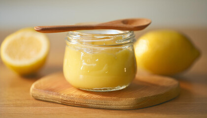 Glass jar with lemon curd and wooden spoon on wooden table. Natural light.