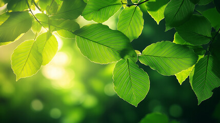 Close-up of lush, vibrant green leaves, soft sunlight