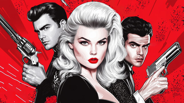 A retro movie poster illustration from the 1950s, featuring hand-drawn characters, dramatic poses, and bold colors with classic Hollywood typography and vintage film vibes.