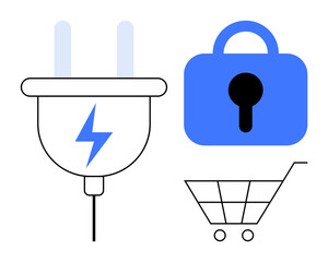 Blue lock, electric plug, and shopping cart. Ideal for e-commerce, online security, digital payments, technology integration, secure transactions. Simple line art style