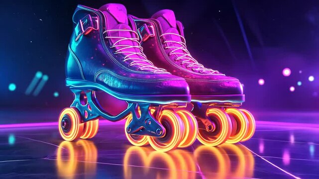 A pair of roller skates with glowing wheels sit on a brightly lit rink floor