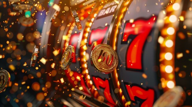 Slot machine with golden coins and red background