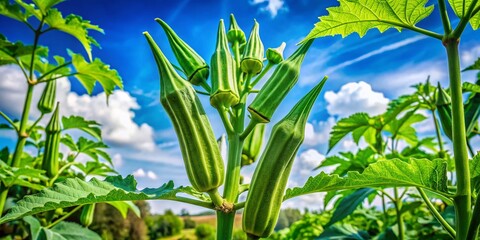 Obraz premium Vibrant Okra Tree with Lush Green Leaves and Pods in a Sunny Garden Setting under Blue Sky