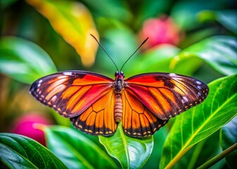 Fototapeta premium Vibrant Orange and Pink Butterfly Perched on a Green Leaf in a Colorful Garden Setting