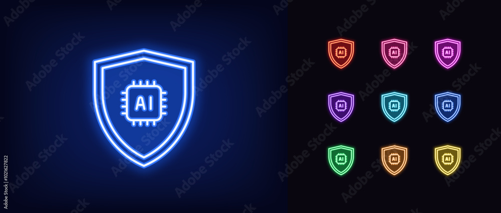 Poster outline neon ai protection icon set. glowing neon shield with ai chip, security algorithms with arti