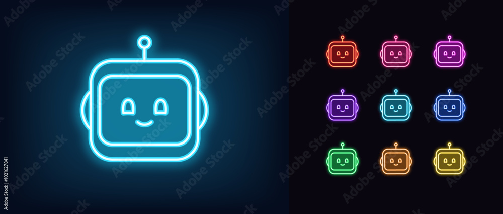 Poster outline neon chat bot icon set. glowing neon robot face with cute smile. friendly virtual assistant,