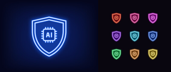 Outline neon AI protection icon set. Glowing neon shield with AI chip, security algorithms with artificial intelligence. Smart safety system, digital intellect for data storage protection. Vector icon
