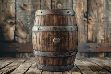 Naklejka premium Old wooden barrel with metal rings is standing on wooden planks in a rustic cellar