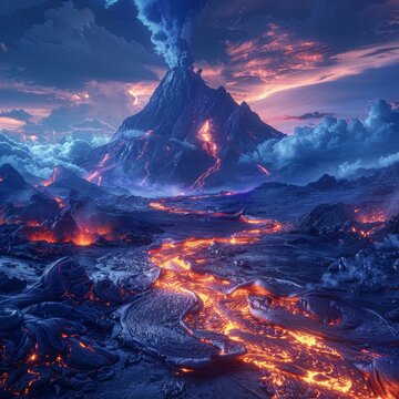 Volcanic eruption at night with lava flowing down the mountainside