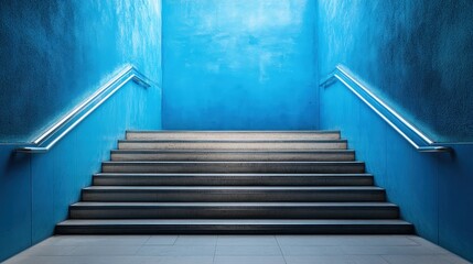 Urban Elegance: Cinematic Staircase Architecture Against Bold Blue Wall