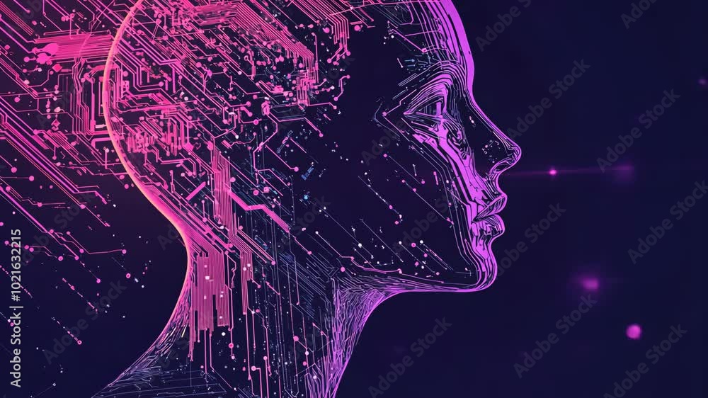 Poster the image depicts a stylized, digital head composed of circuit boards and lines, resembling a networ