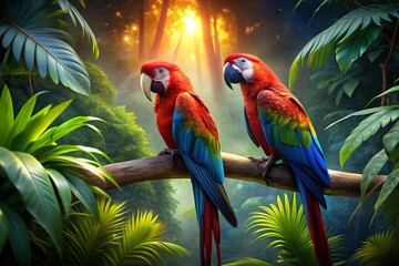 Vibrant Red and Blue Macaw Parrots Perched Together in a Lush Tropical Environment Under Sunlight
