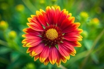 Vibrant Red and Yellow Flower in Full Bloom Against a Soft Green Background in Natural Light