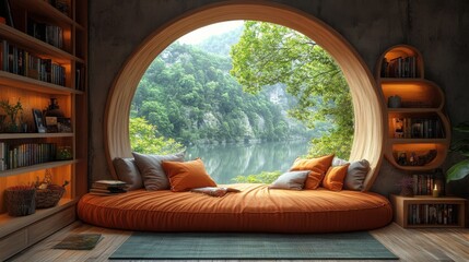 Large round window in a room with a couch