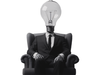 a man sitting in a chair with a light bulb head
